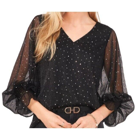 VINCE CAMUTO Women’s Printed Sheer Sleeve Top Sparkle and Shine Size M 14090 - Picture 1 of 2